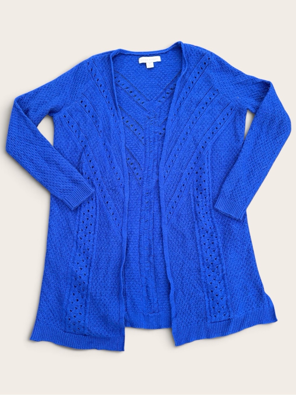 Laura Ashley Cobalt Blue Wool Blend Openwork Long Cardigan Sweater M